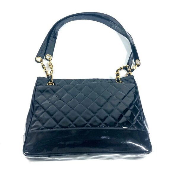 CHANEL Quilted Double Chain Bag Shoulder Bag enamel Black/Gold - Picture 2 of 16